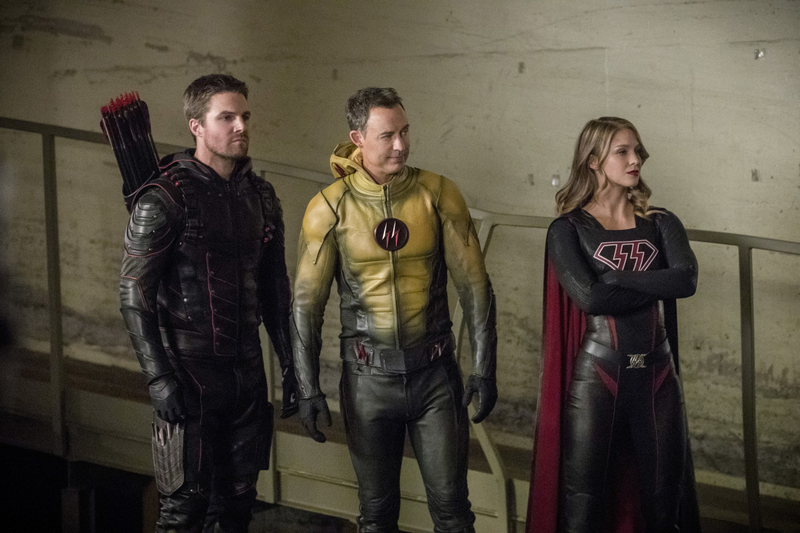 Stephen Amell as Dark Arrow, Tom Cavanagh as Dark Flash, and Melissa Benoist as Overgirl (Photo: Jack Rowand/The CW)